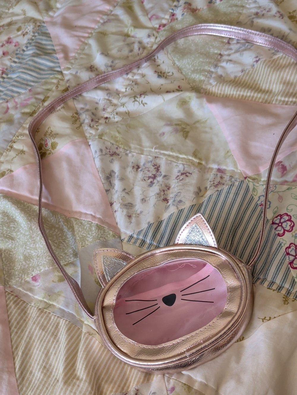Girls Metallic Pink Cat Face Crossbody Purse